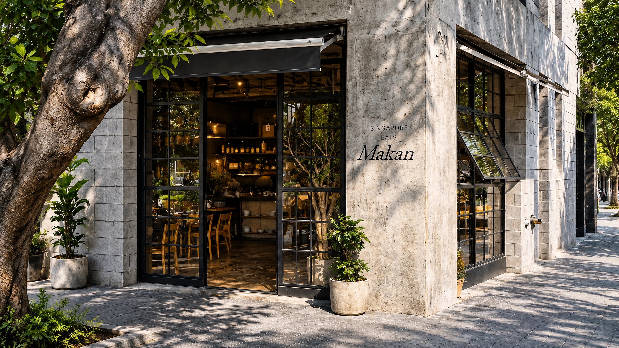 Makan’s concrete corner entrance and black-framed windows at Emilio Dondé 68B