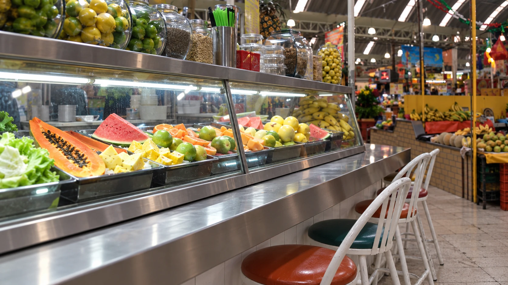 Fruit display and counter seating at Mercado Medellín
