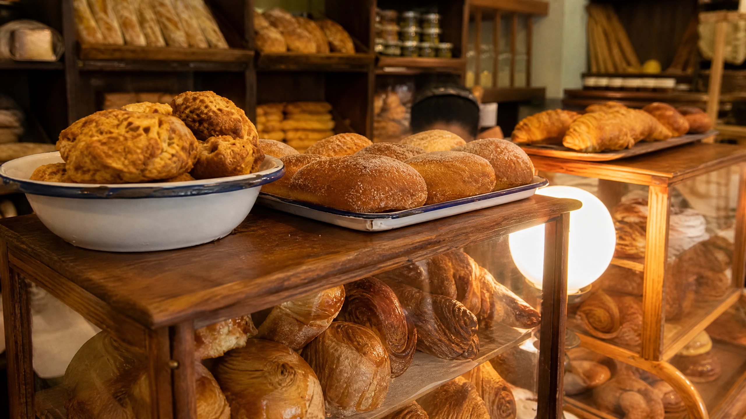 Golden pastries on the timber display counter at Panadería Rosetta