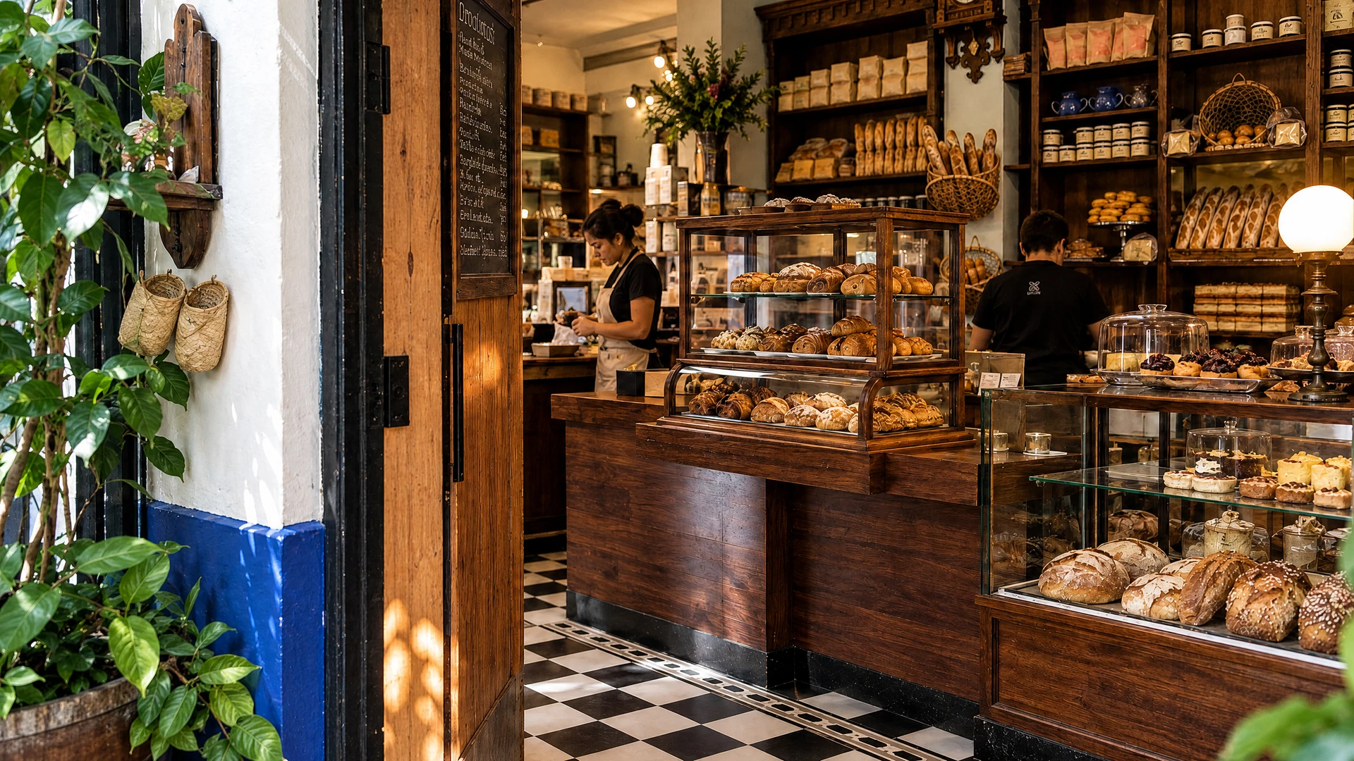 Timber pastry counters and patterned floor inside Panadería Rosetta in Roma
