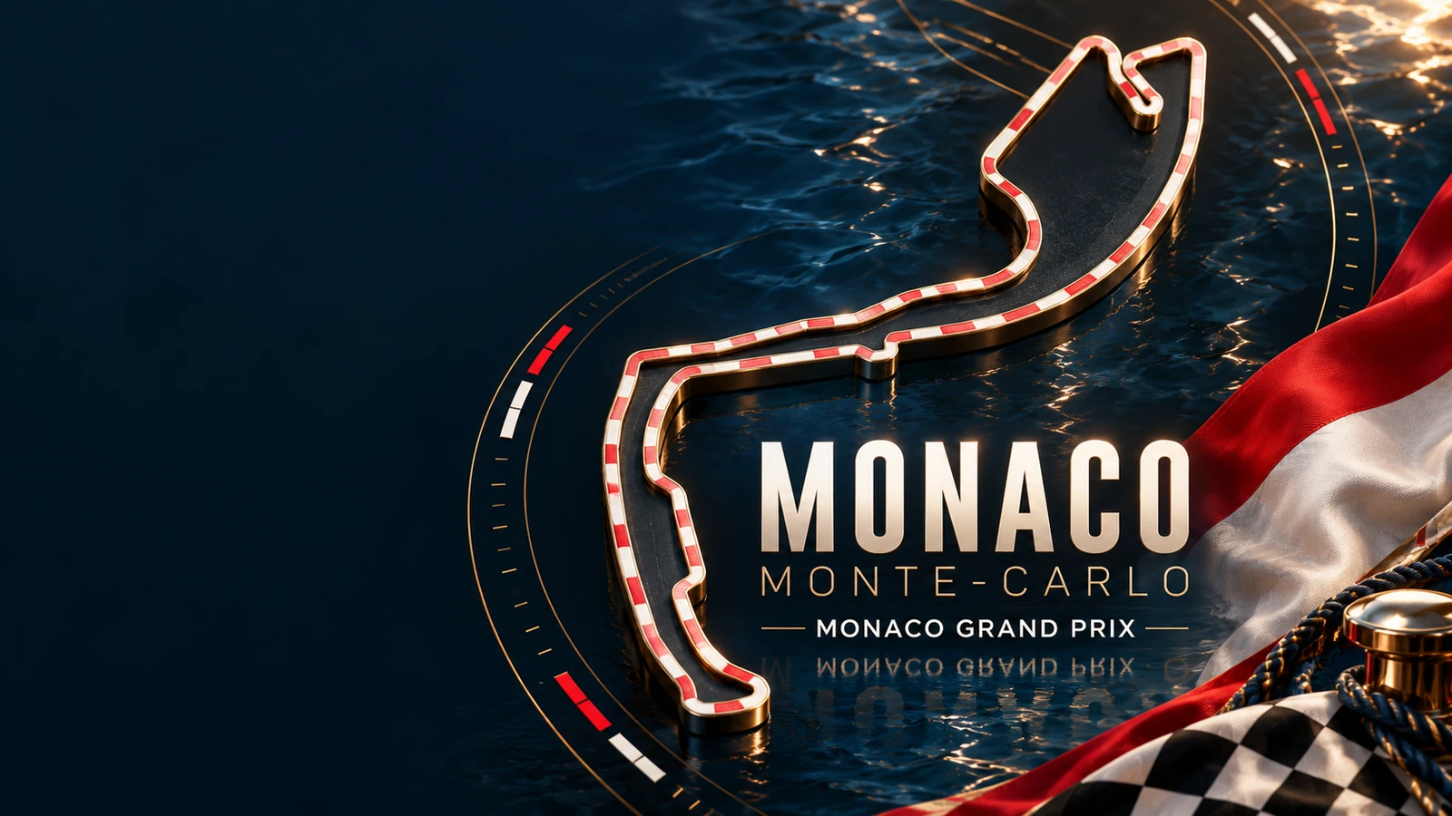 Monaco circuit artwork with champagne-gold timing details, Mediterranean-blue reflections, a red-and-white Monaco flag and Monte-Carlo lettering.