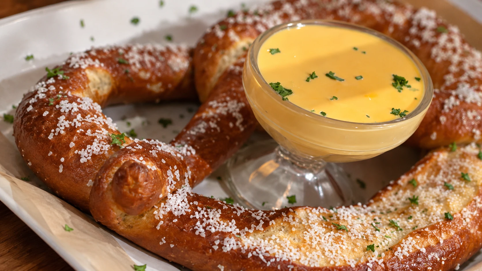 Giant pretzel with cheese dip
