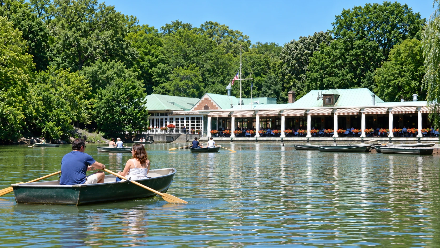Rowing on the Lake beside Boathouse