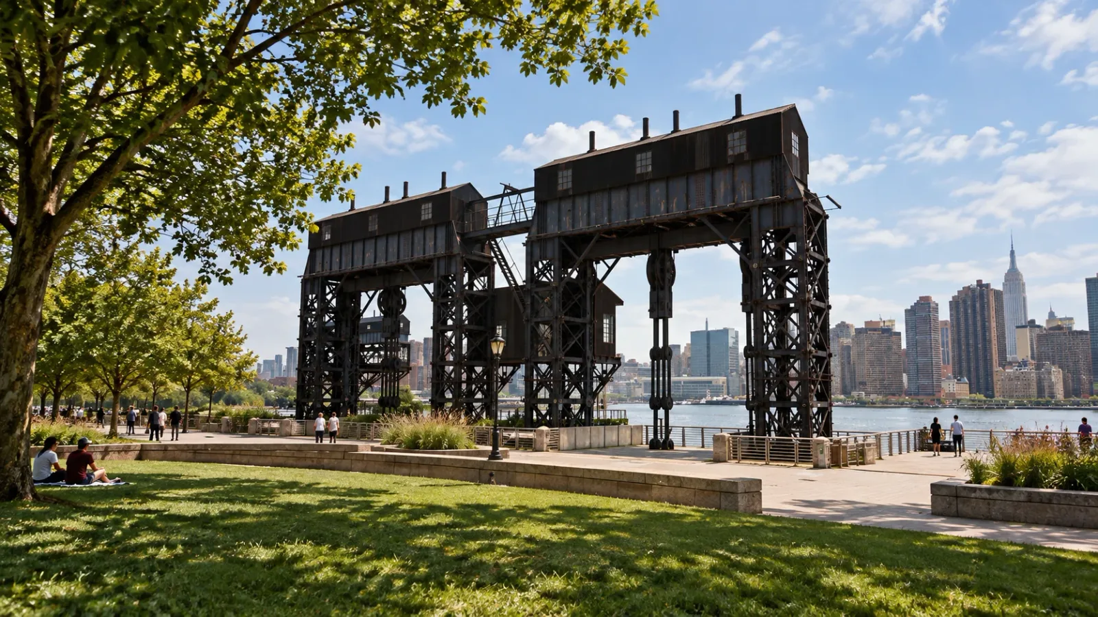 Gantry Plaza State Park’s historic rail gantries beside the East River waterfront walk.