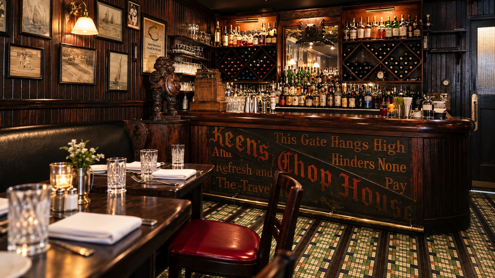 Pub room seating and tiled floor