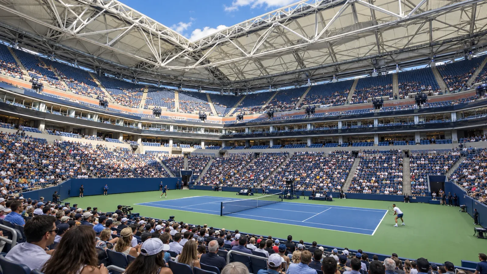 Arthur Ashe Stadium’s blue court beneath its white roof structure.