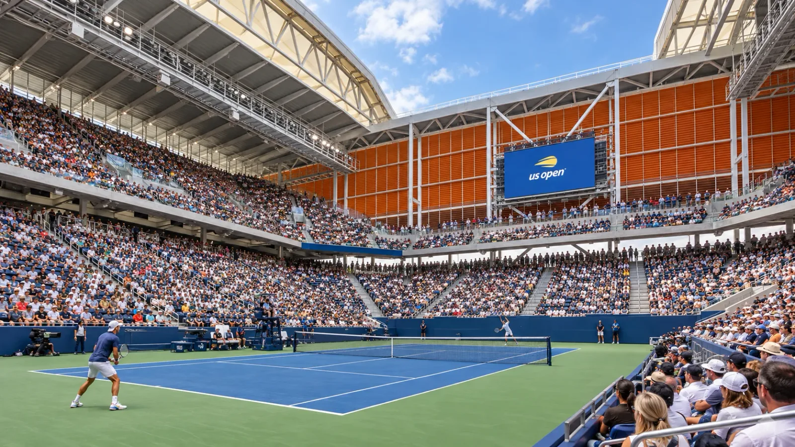 Louis Armstrong Stadium’s blue court, seating tiers and terracotta louvres beneath its open roof.