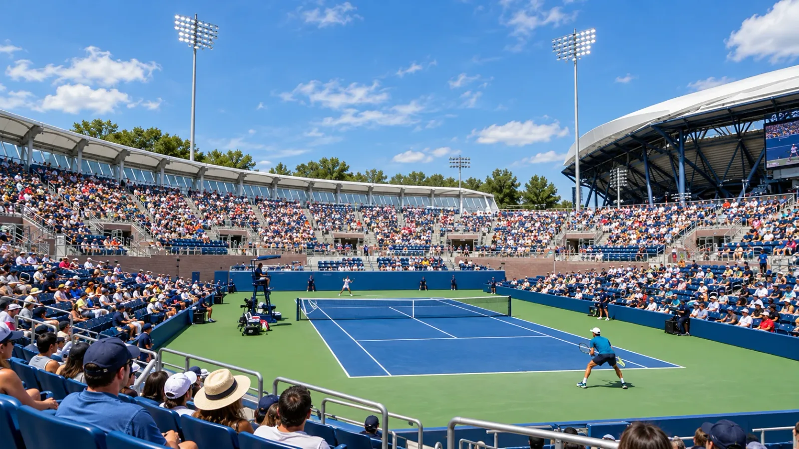 Grandstand’s blue court, open seating bowl and canopy along one side.