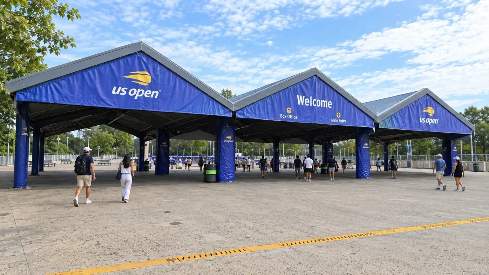 Three gabled canopies above the US Open Main Entry forecourt.