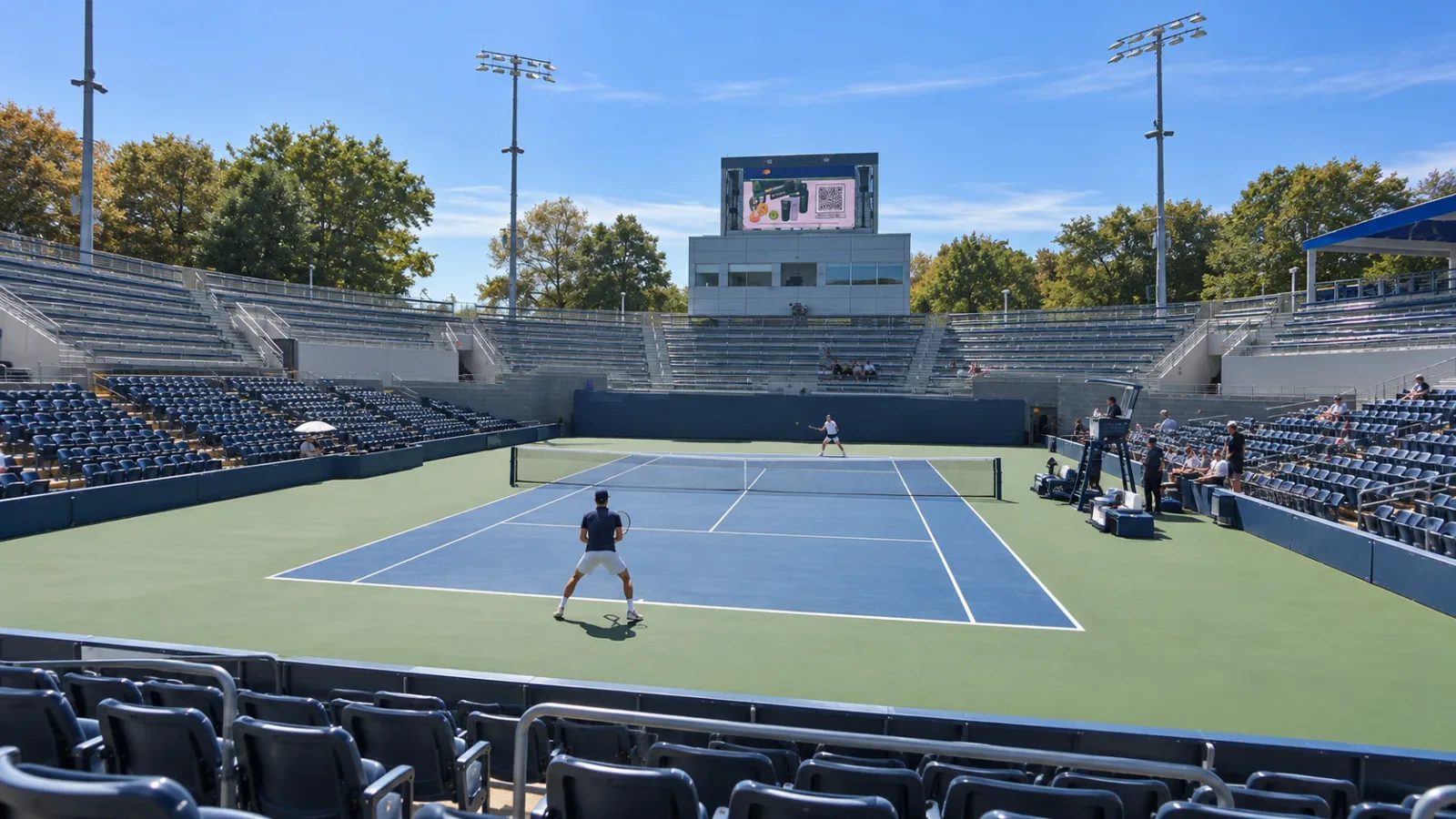 Stadium 17’s blue court and open-air seating beneath the floodlights.