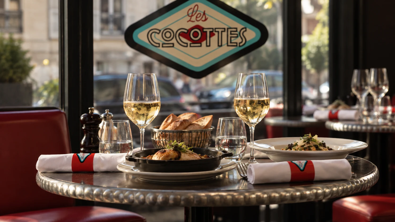 Window table and diamond café sign inside Les Cocottes