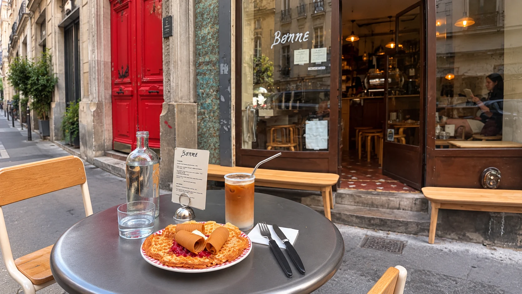 Iced coffee and pancake at the window