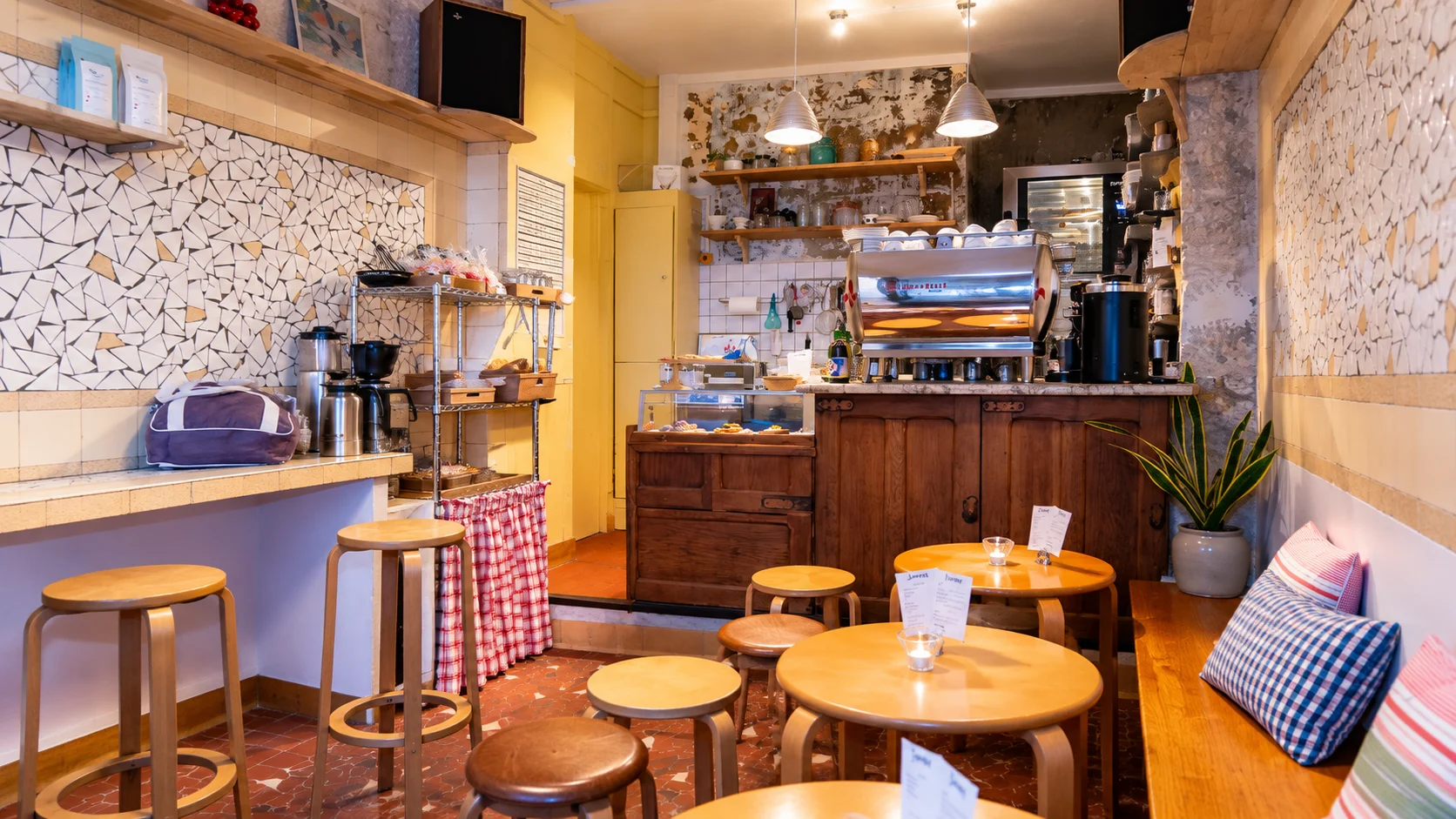 Small cafe counter and tiled walls