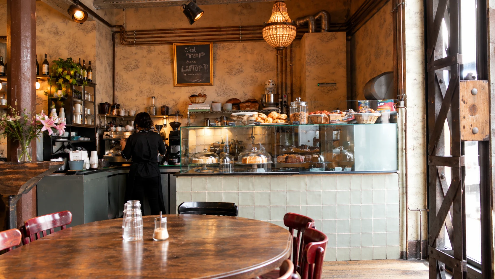 Coffee counter and worn plaster walls