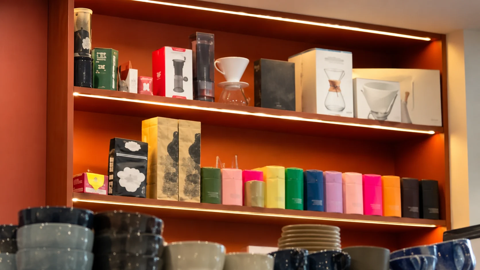 Coffee shelves and colourful packaging