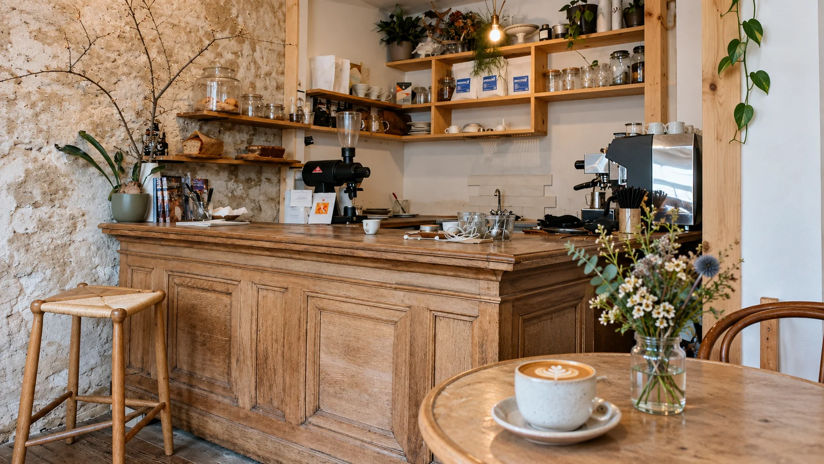 Timber counter and coffee shelves