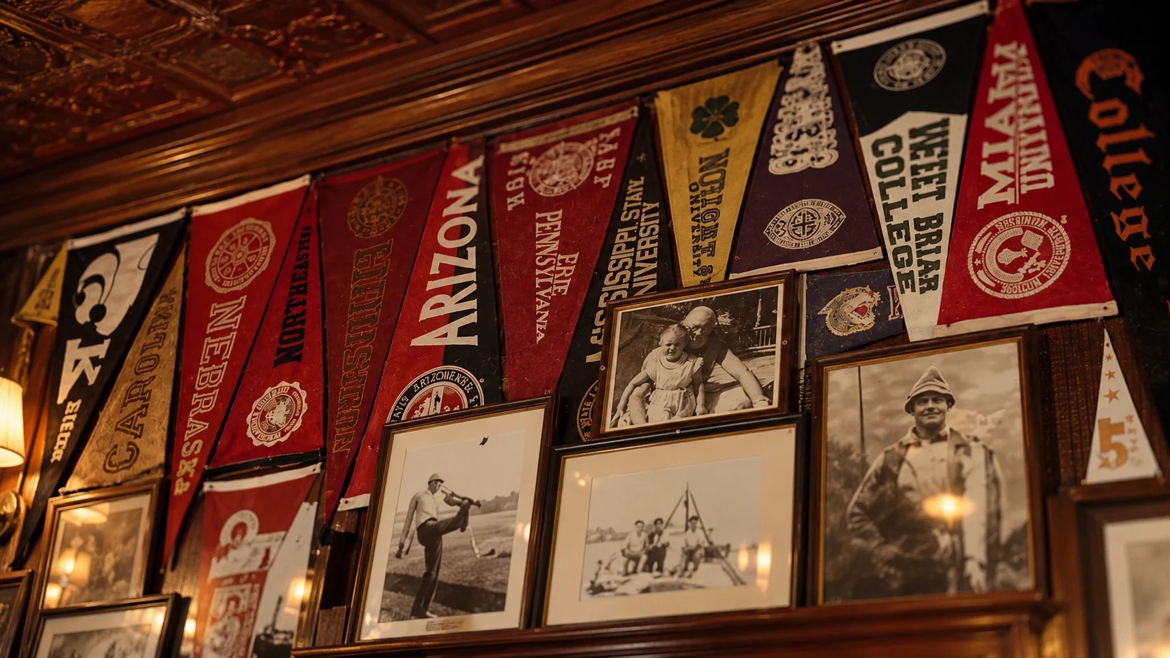 College pennants and framed photographs