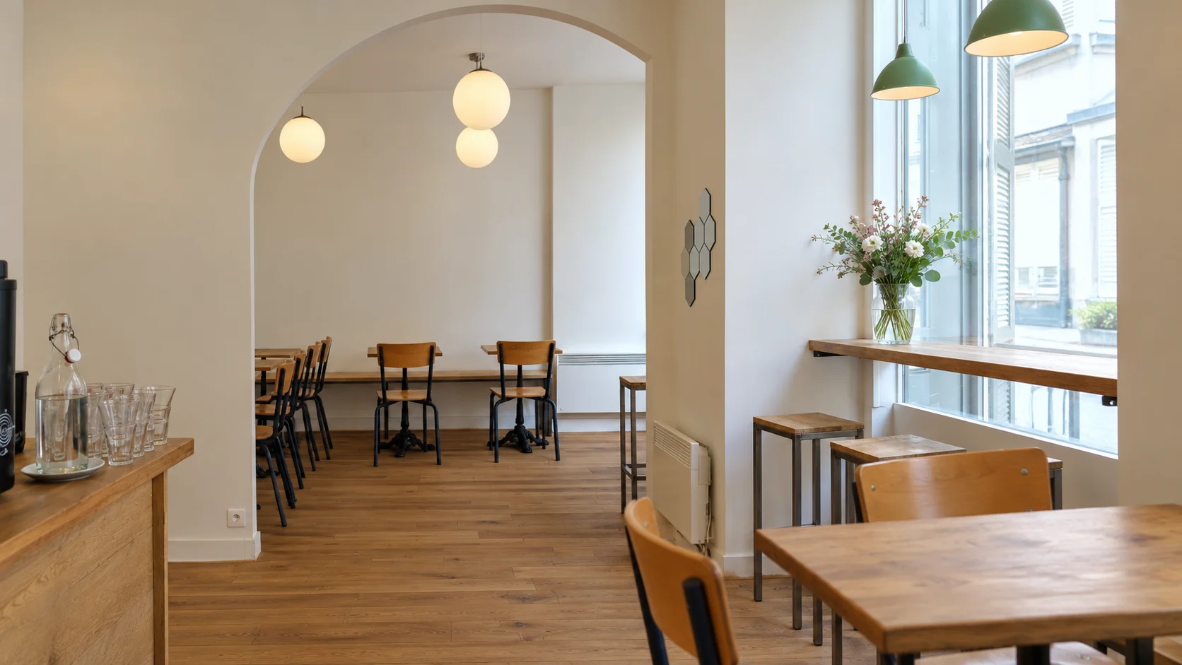 Arched seating room and globe lights