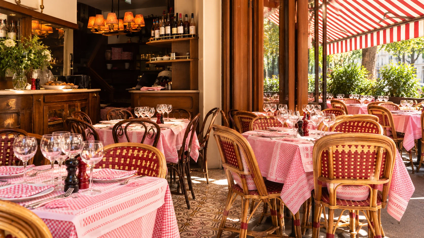 Red gingham tables and bistro chairs