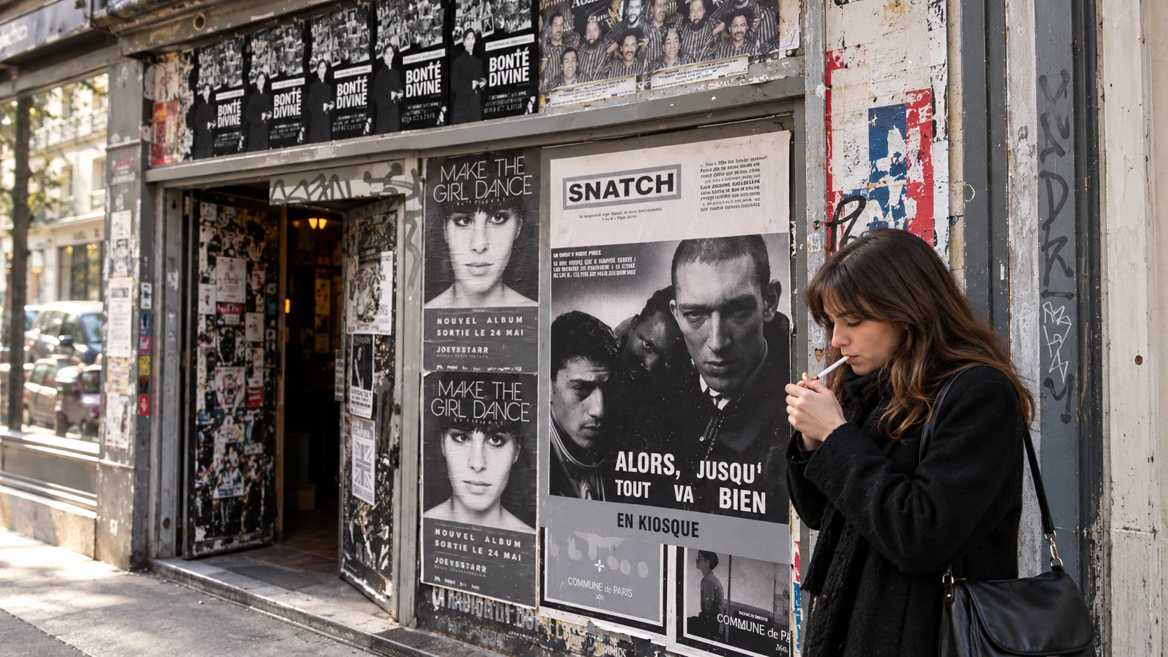 Poster-covered street entrance