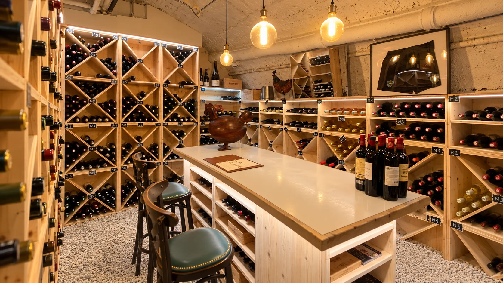 Wine cellar shelves and tasting table