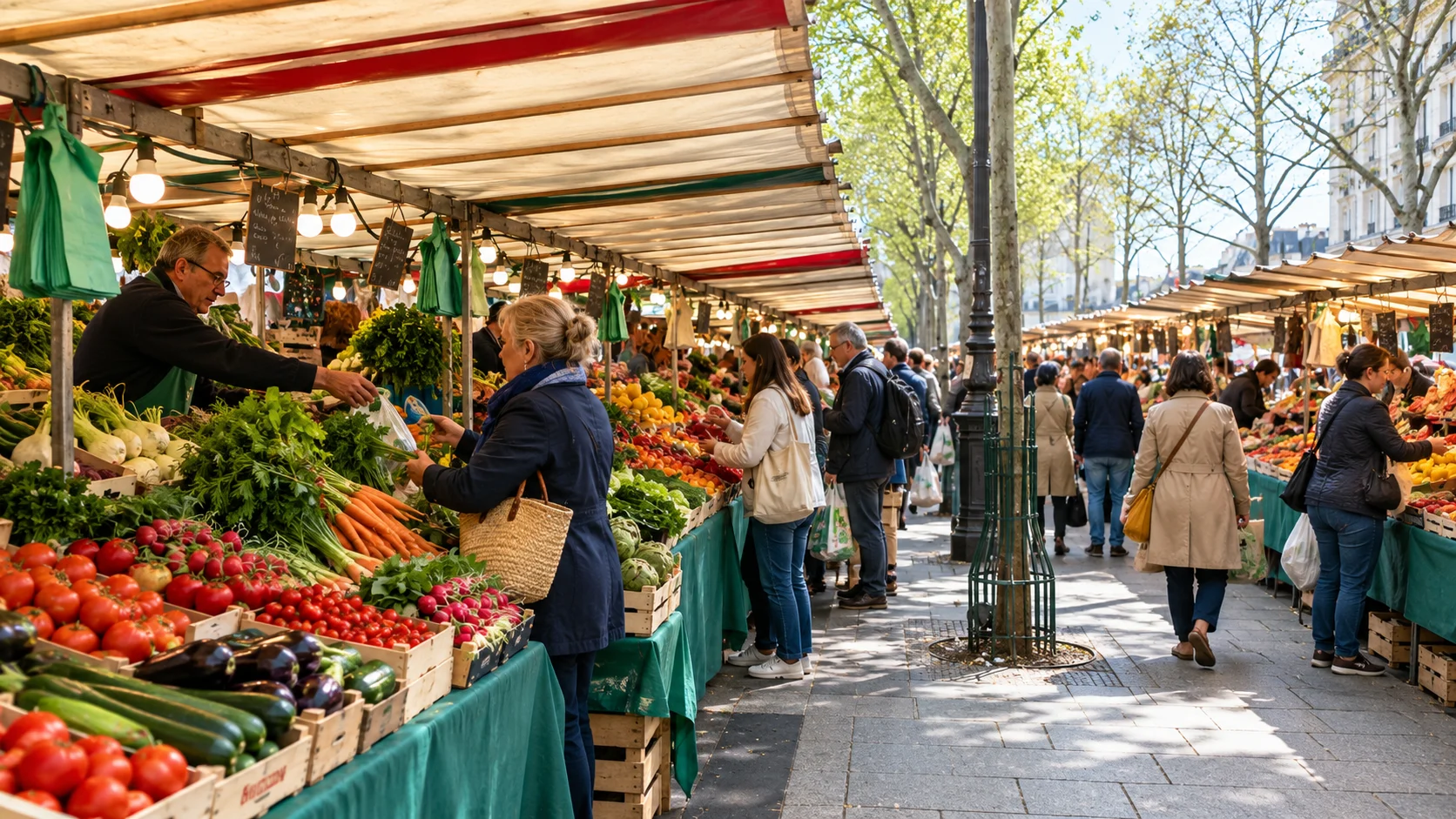 Produce stalls — diagonal view