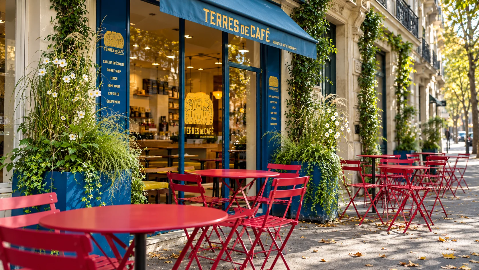 Blue frontage and red terrace tables