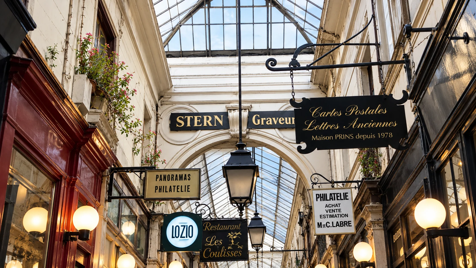 Glass roof & historic hanging signs