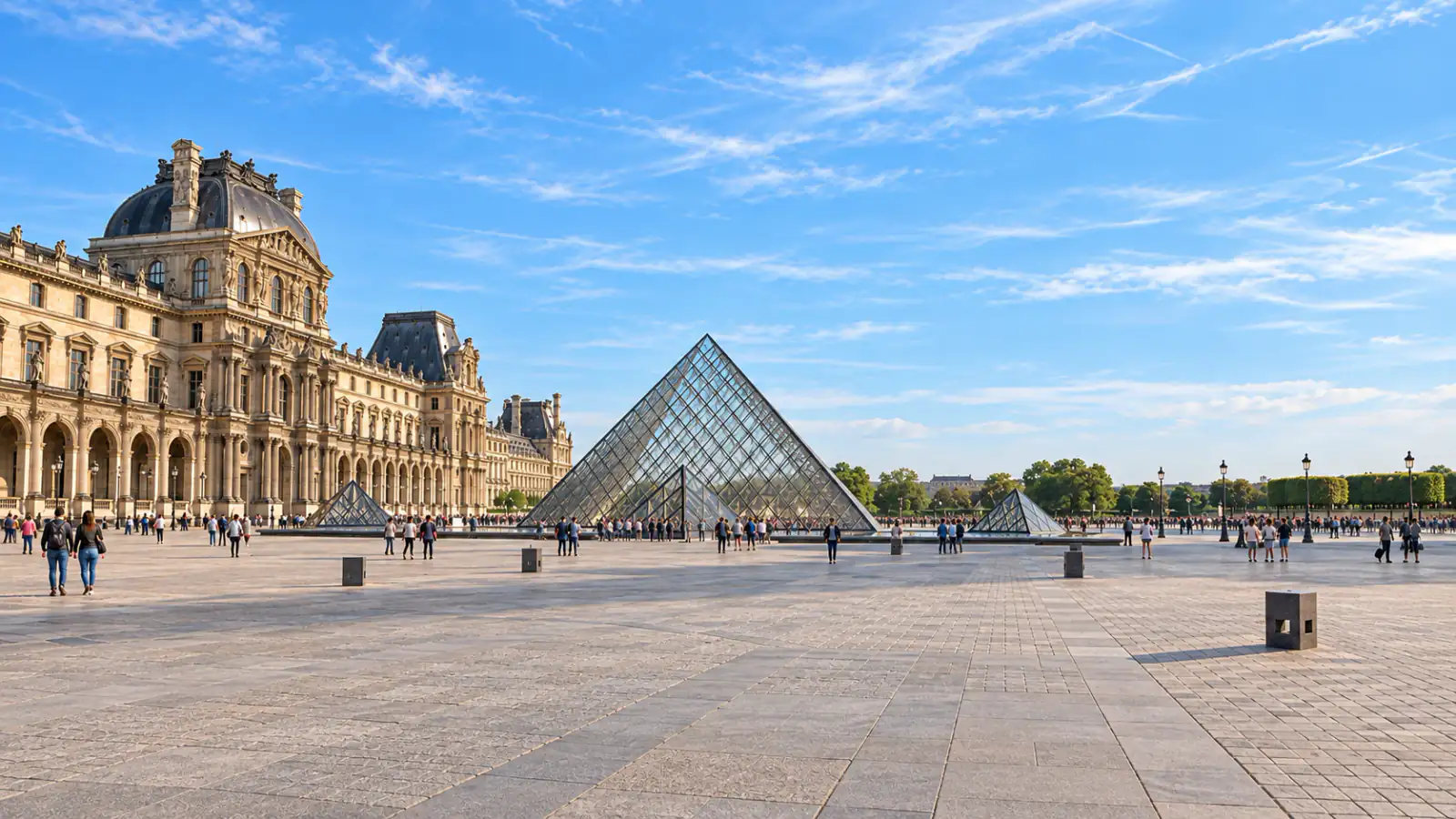 The Louvre pyramid and Denon wing across Cour Napoléon in Paris