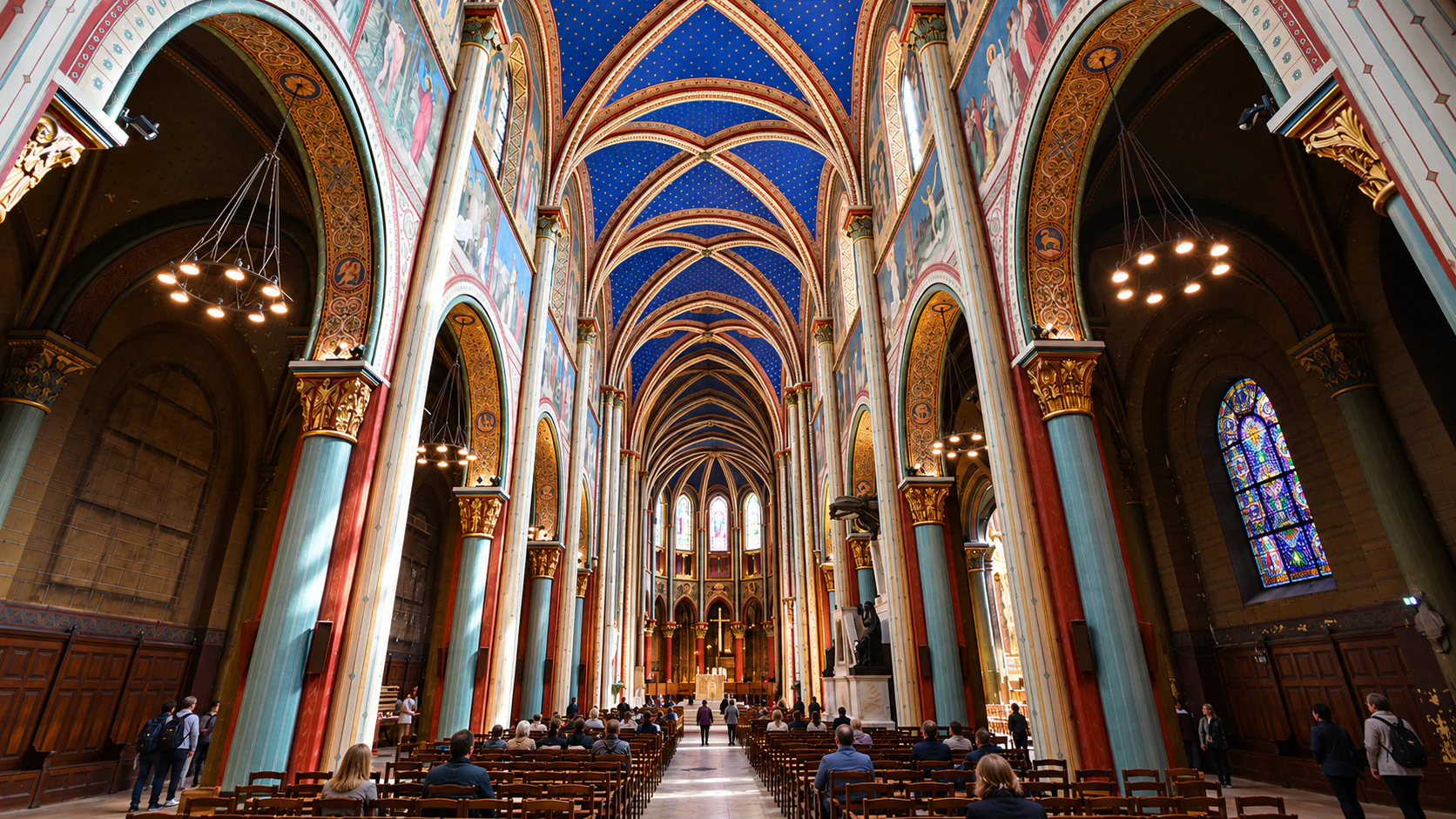 Painted columns and restored nave