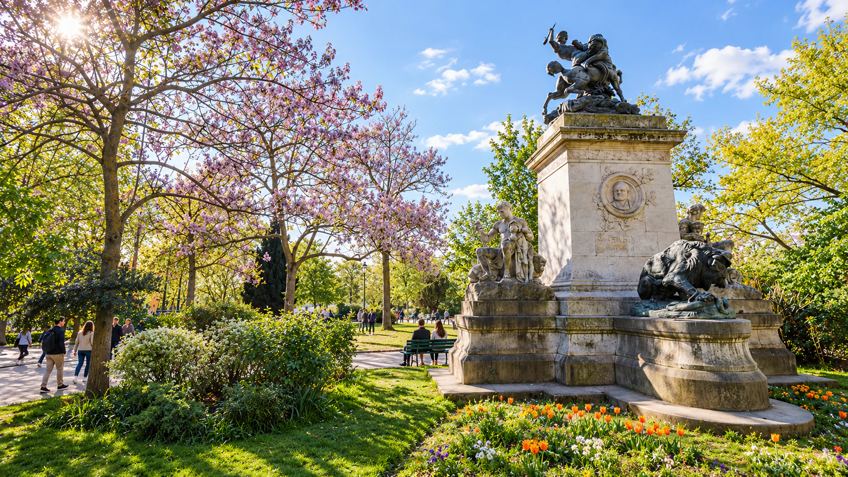 Square Barye monument and trees