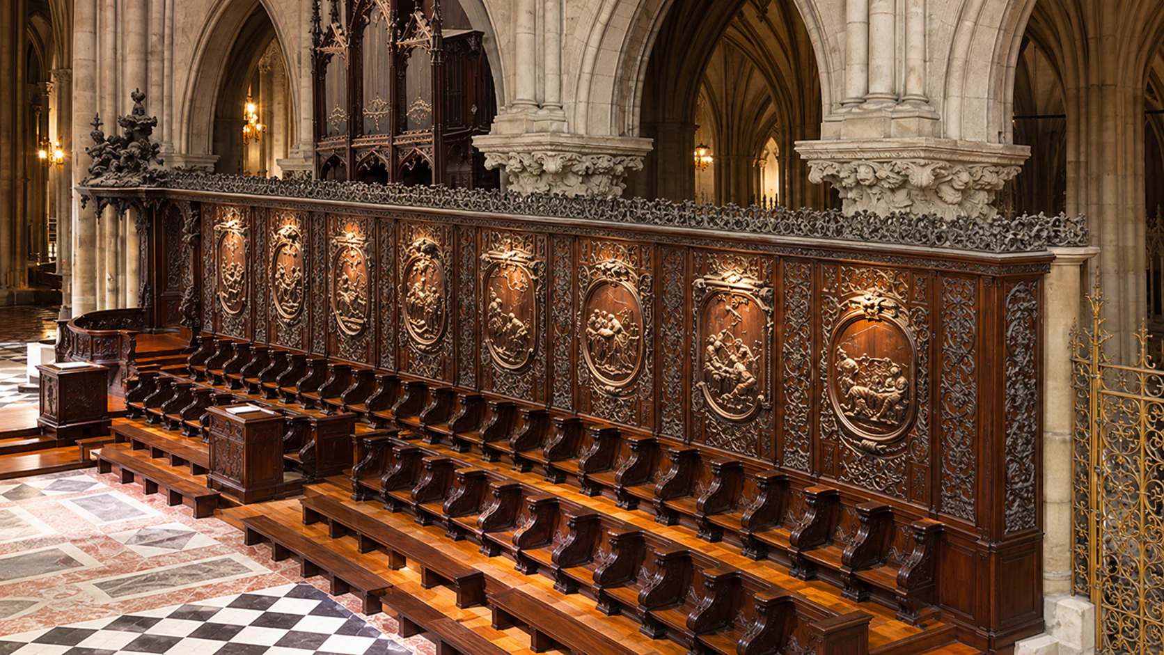 The carved wooden choir stalls