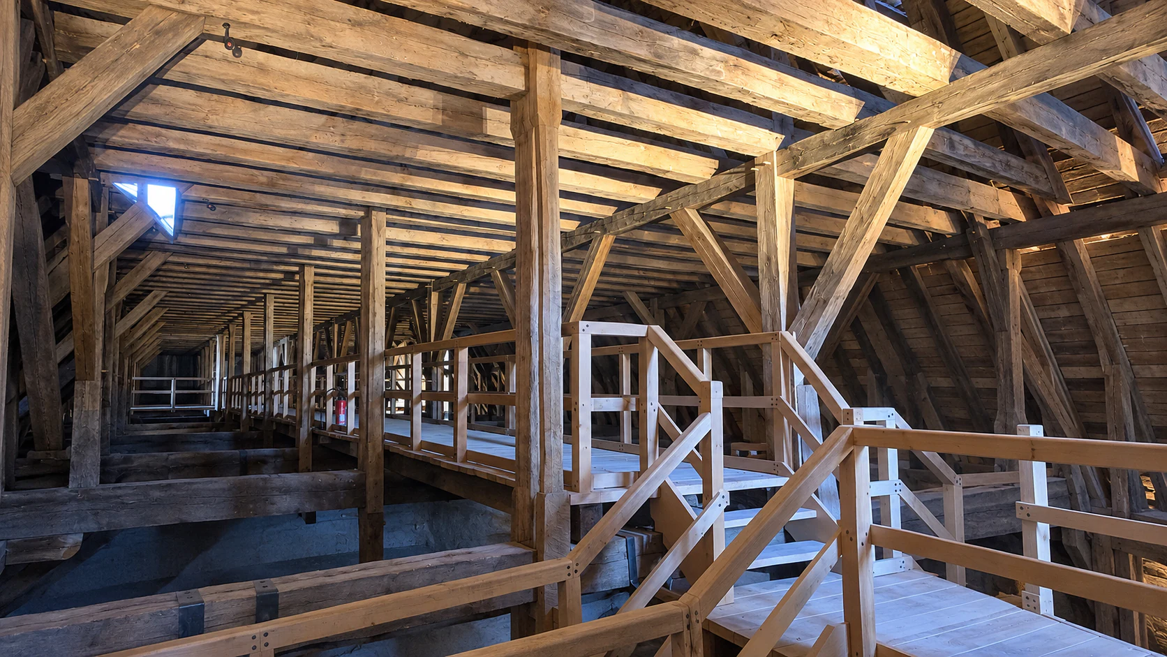 The reconstructed oak roof timbers
