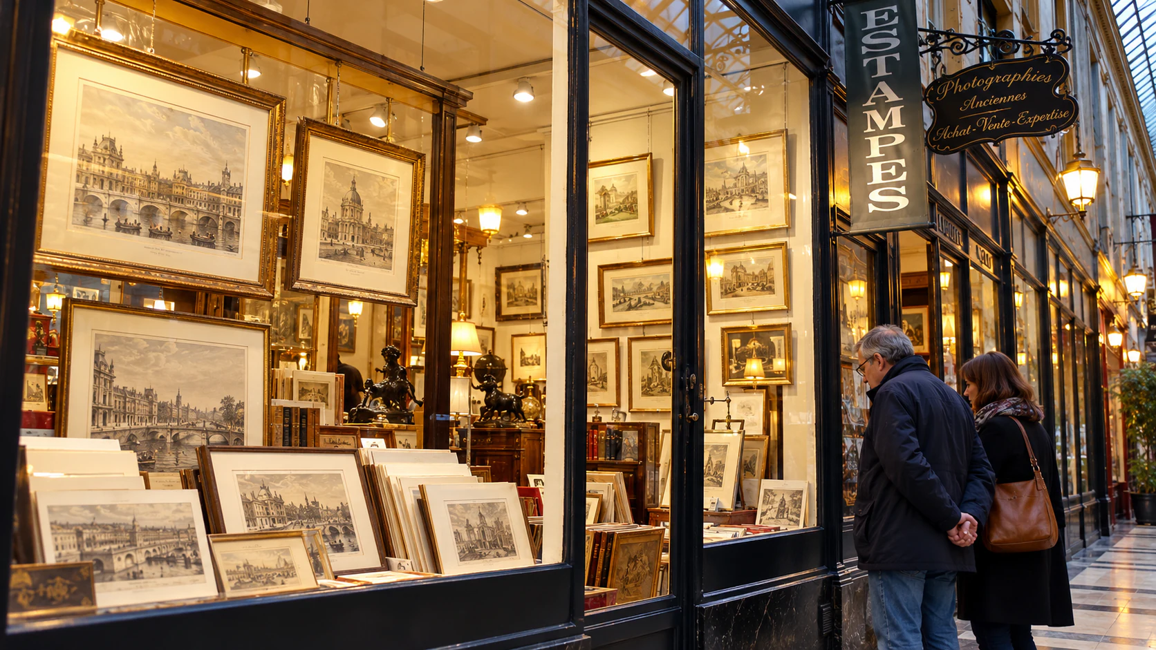 Antique prints in a Passage Verdeau shop window