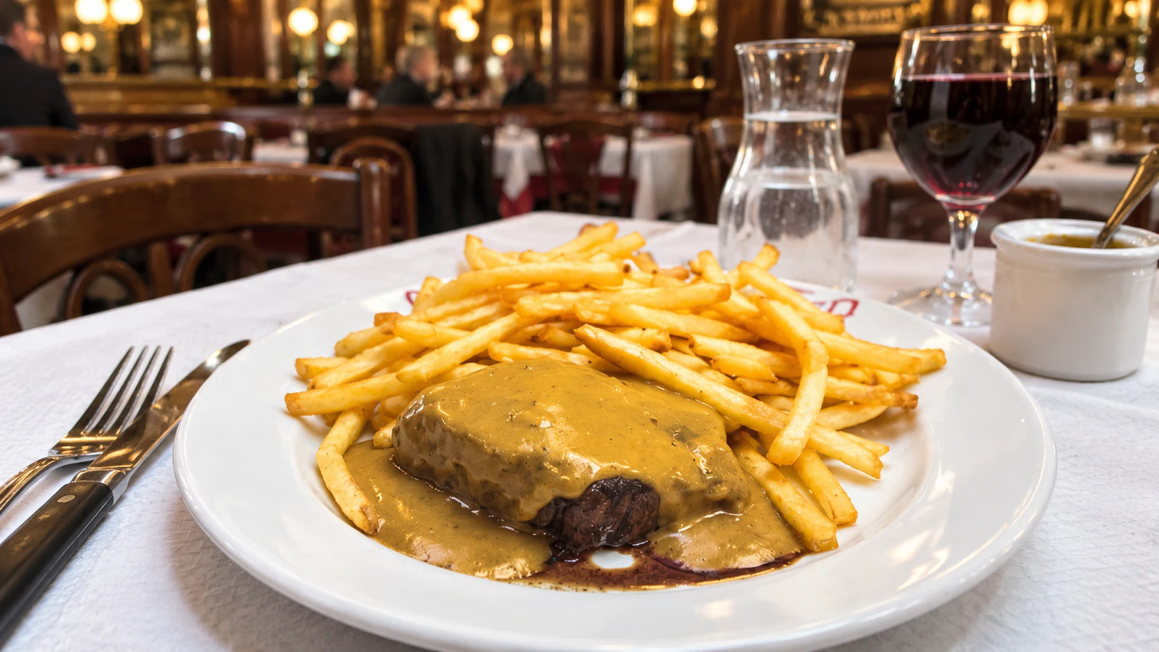 Steak, fries and mustard sauce
