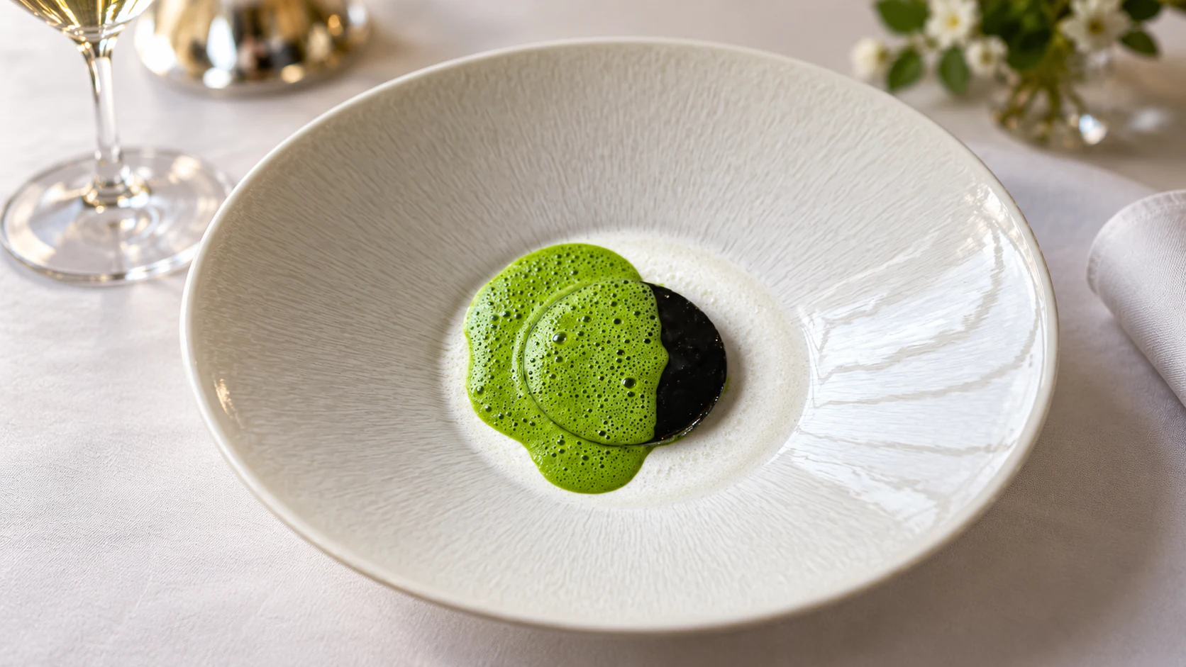 Green foam and dark jus