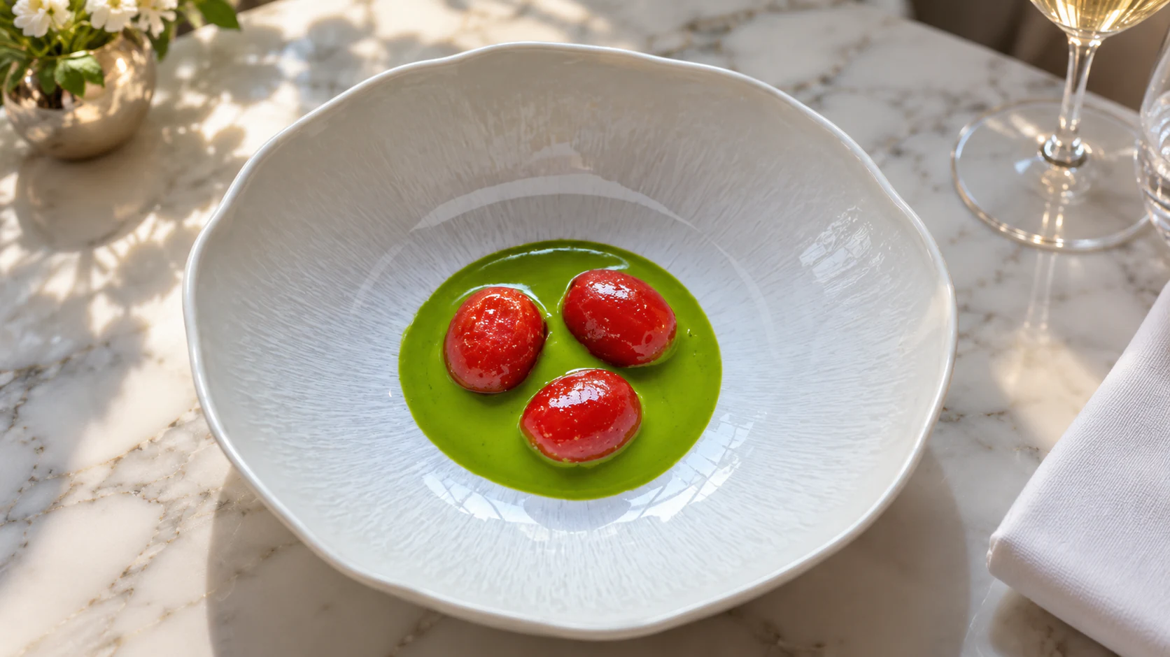 Red morsels in green sauce
