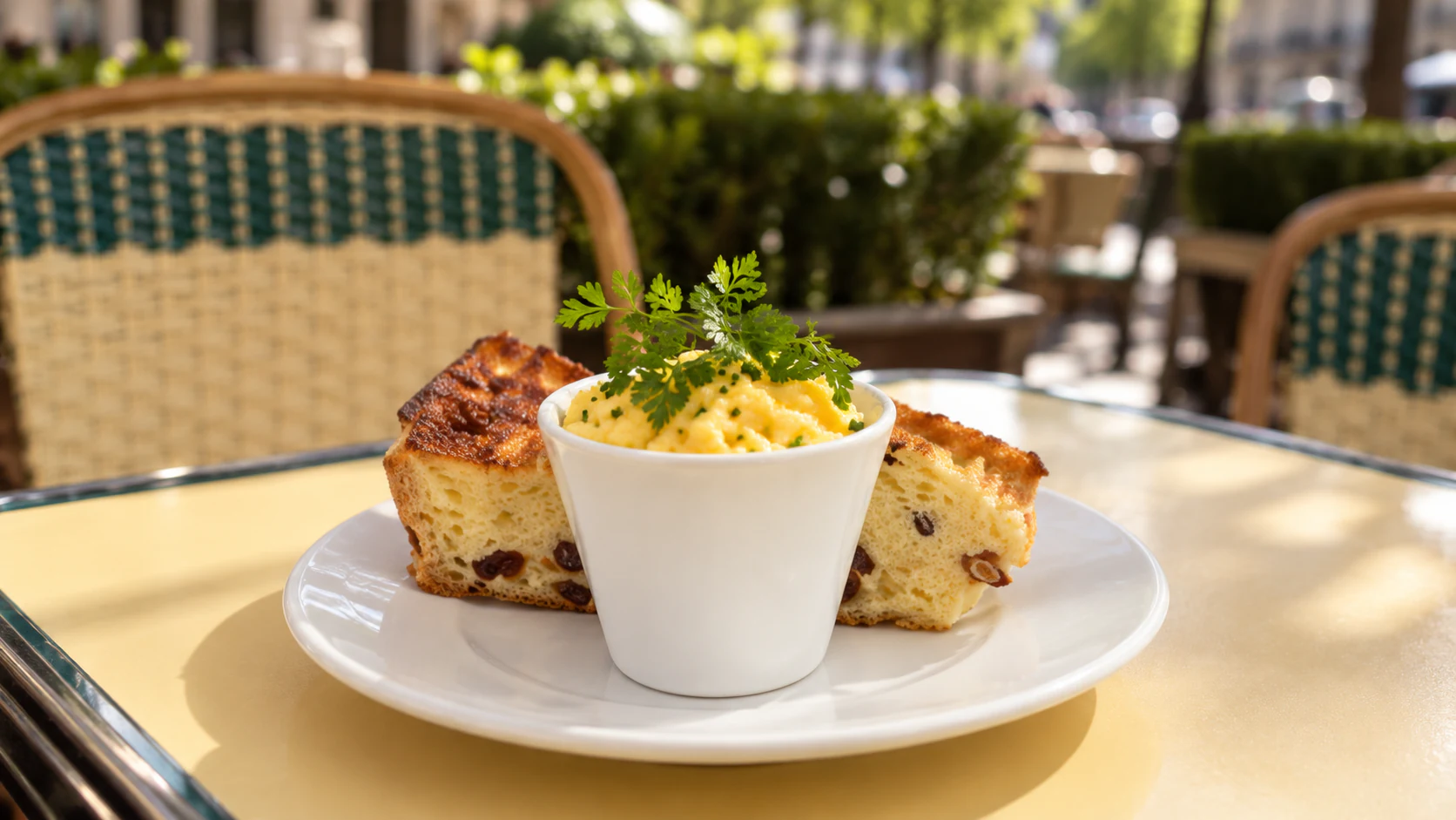 Scrambled eggs and raisin toast