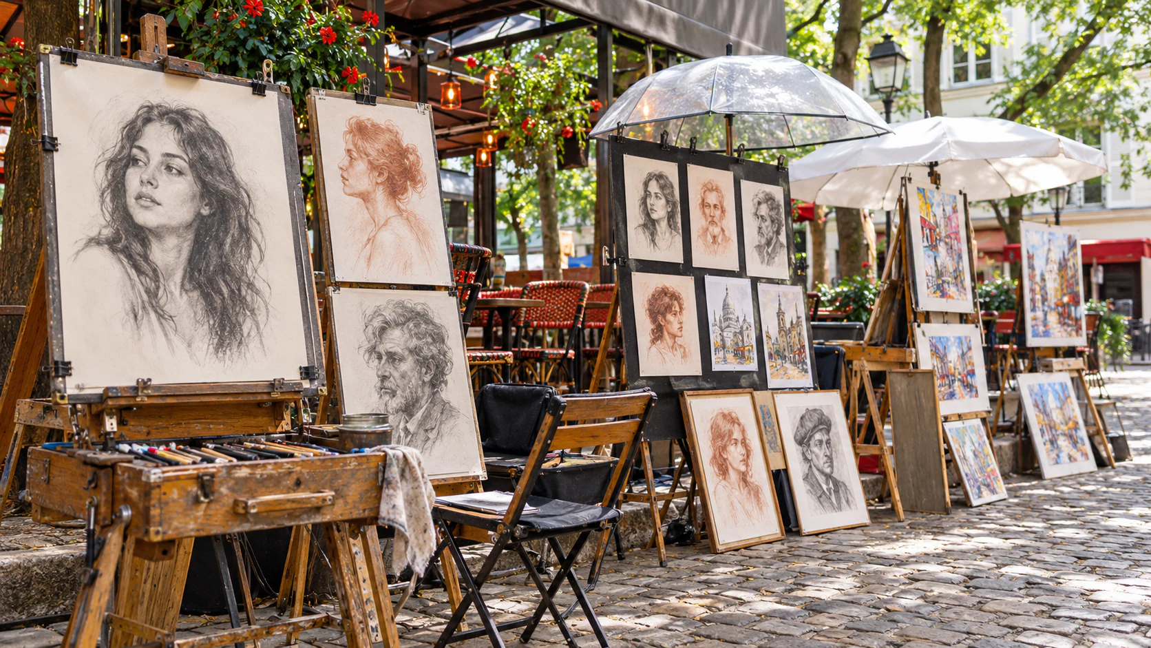 Portraits and easels on the square