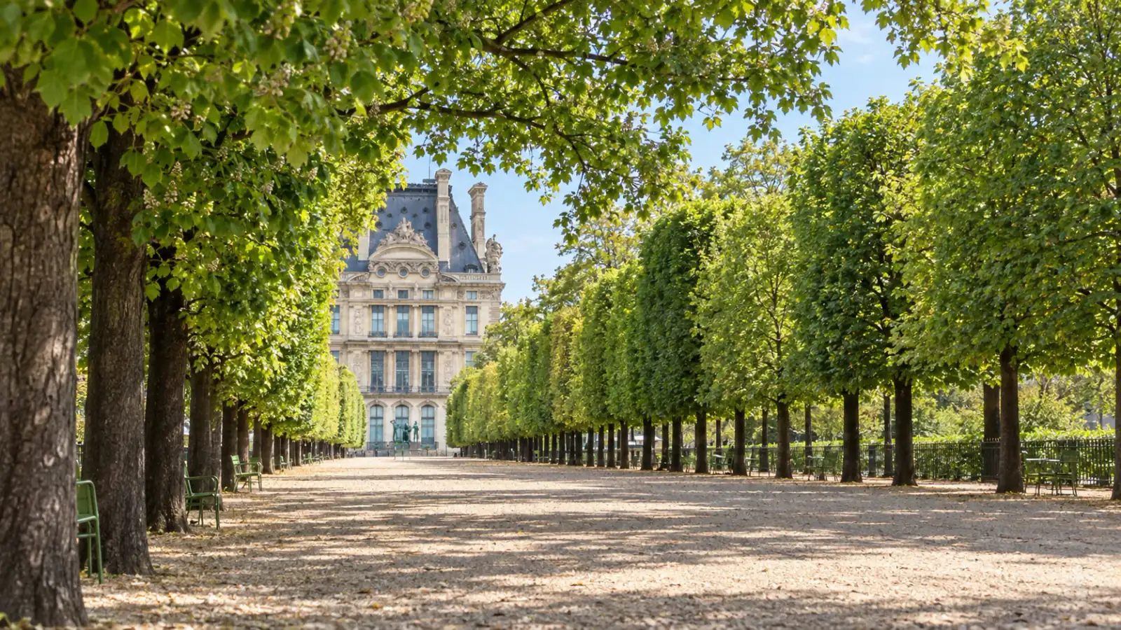 A tree-lined walk towards the Louvre from the Tuileries Garden