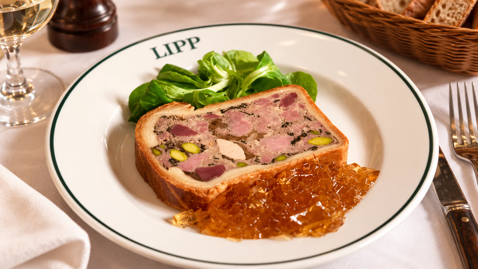 Pâté en croûte, with a mosaic of meat and pistachios inside a golden pastry crust, served with green salad.