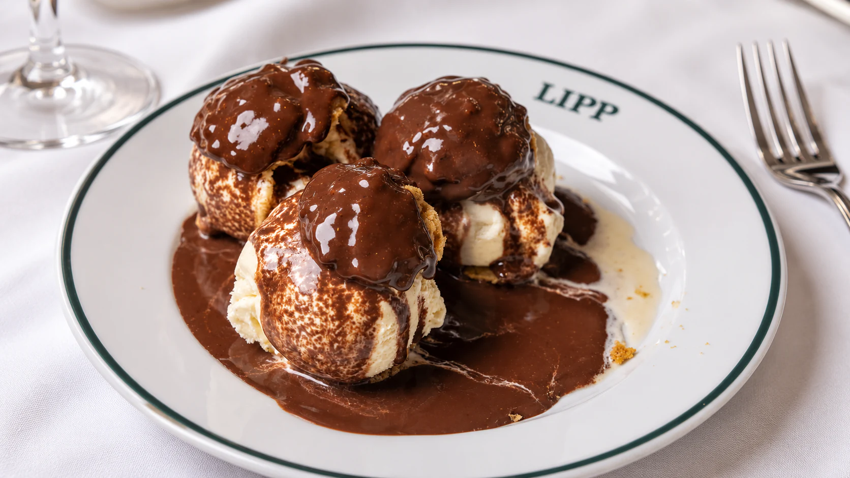 Profiteroles glacées: filled choux buns covered with glossy chocolate sauce on a Lipp plate.