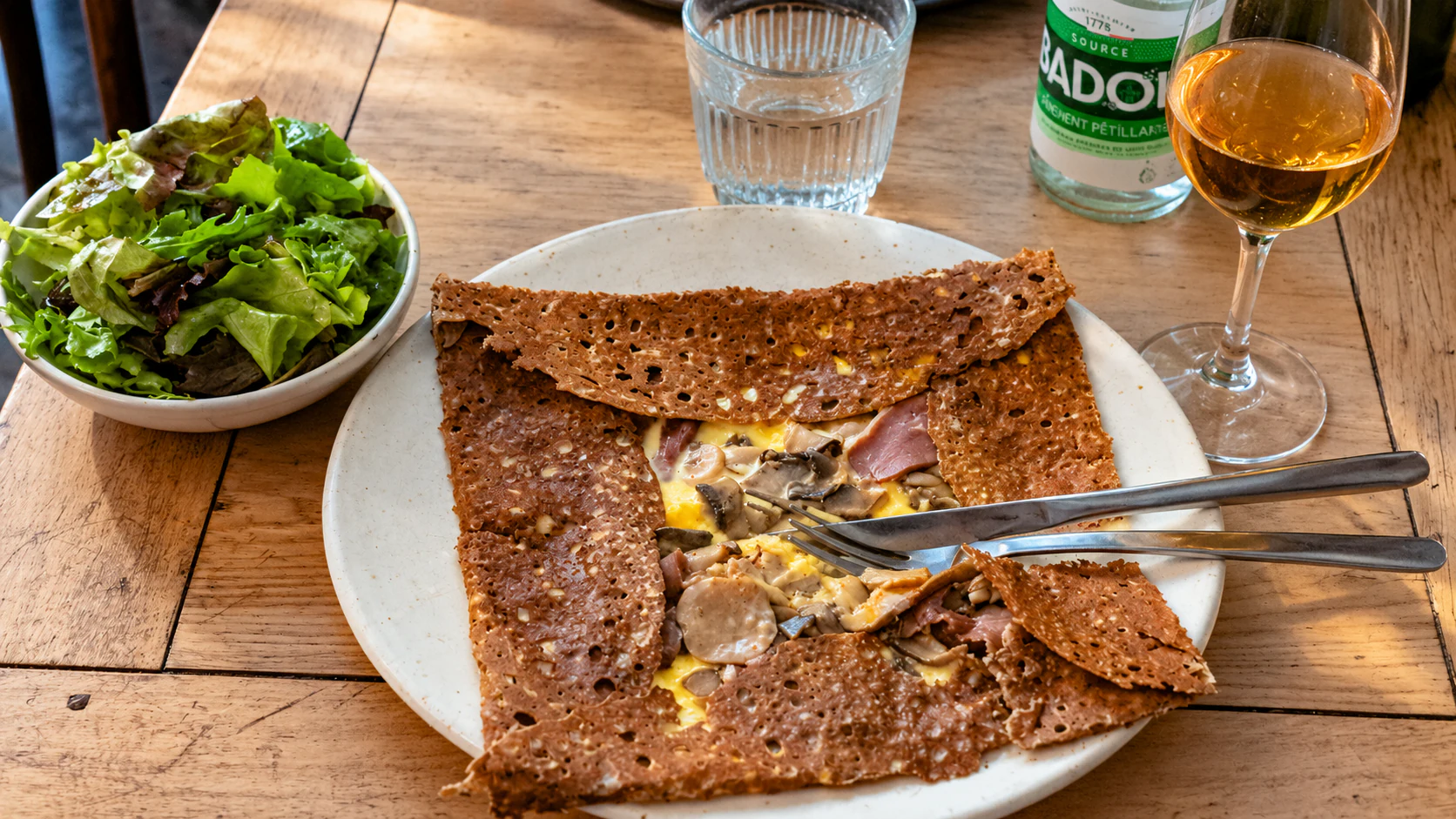 Buckwheat galette filled with white ham, Comté, mushrooms and scrambled egg at Breizh Café Odéon.