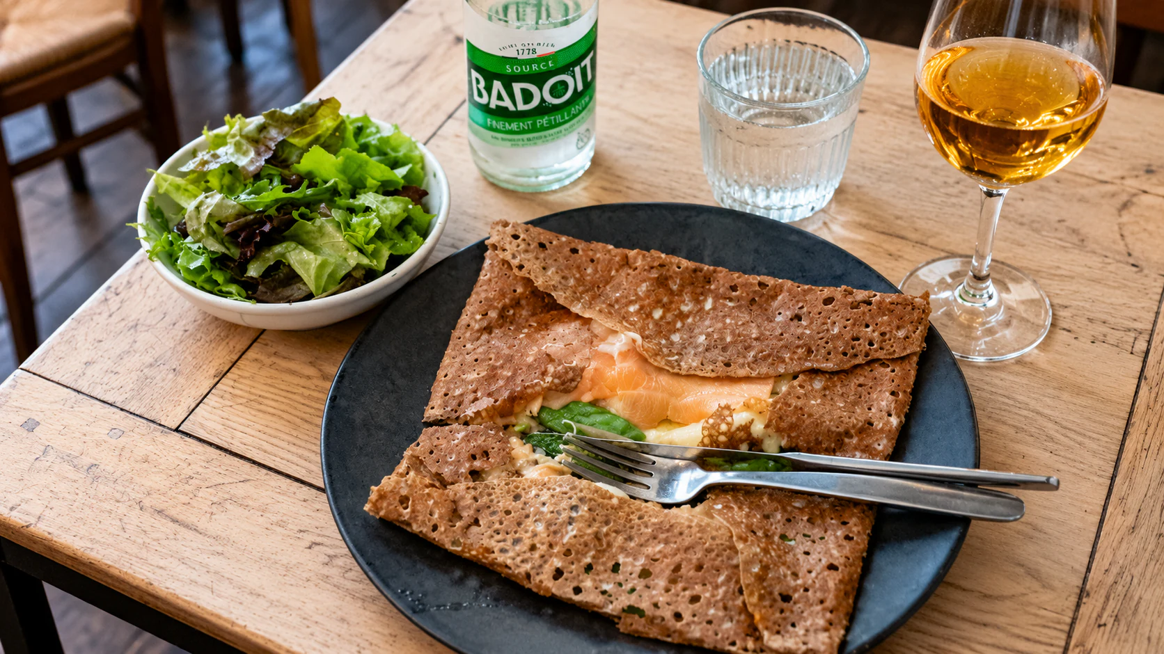 Buckwheat galette with smoked salmon, green asparagus and cheese at Breizh Café Odéon.