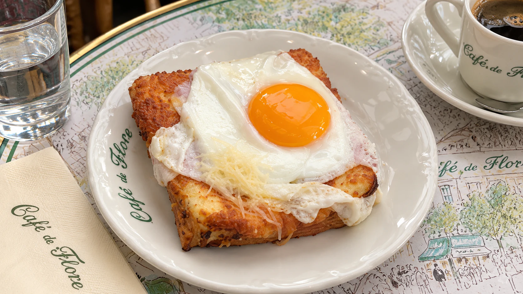 Le Jockey, Café de Flore’s ham-and-cheese croque topped with a fried egg, served on branded white porcelain.