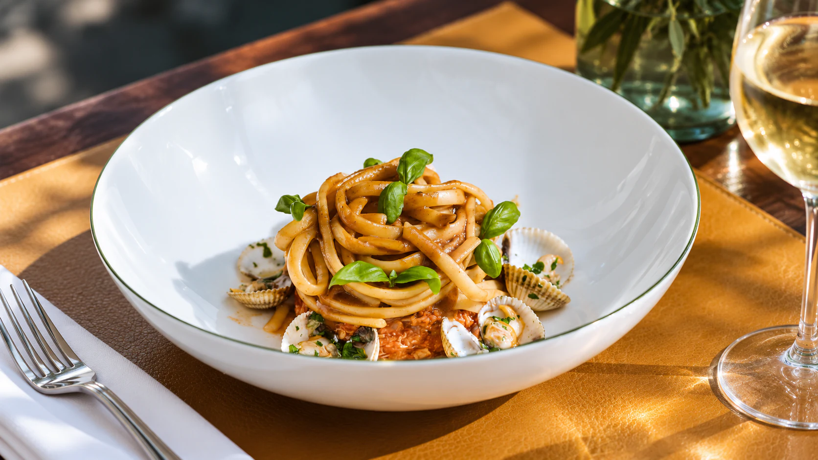 Organic linguine with shellfish and green leaves, served in a deep white bowl at Café de la Paix.