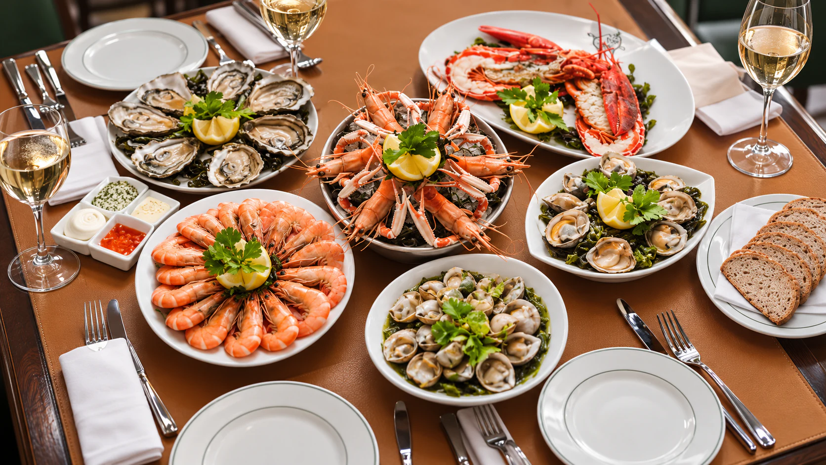 A seafood spread of oysters, lobster, langoustines, prawns and shellfish, with lemon and bread at Café de la Paix.