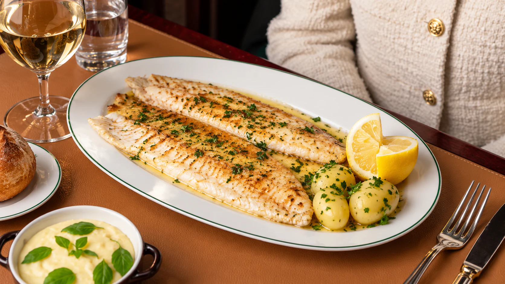 Sole meunière presented on a long oval platter with lemon and potatoes at Café de la Paix.
