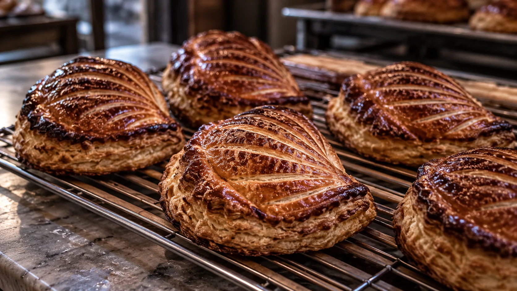 Chaussons aux pommes: browned apple turnovers with curved, scored puff-pastry tops on a cooling rack.