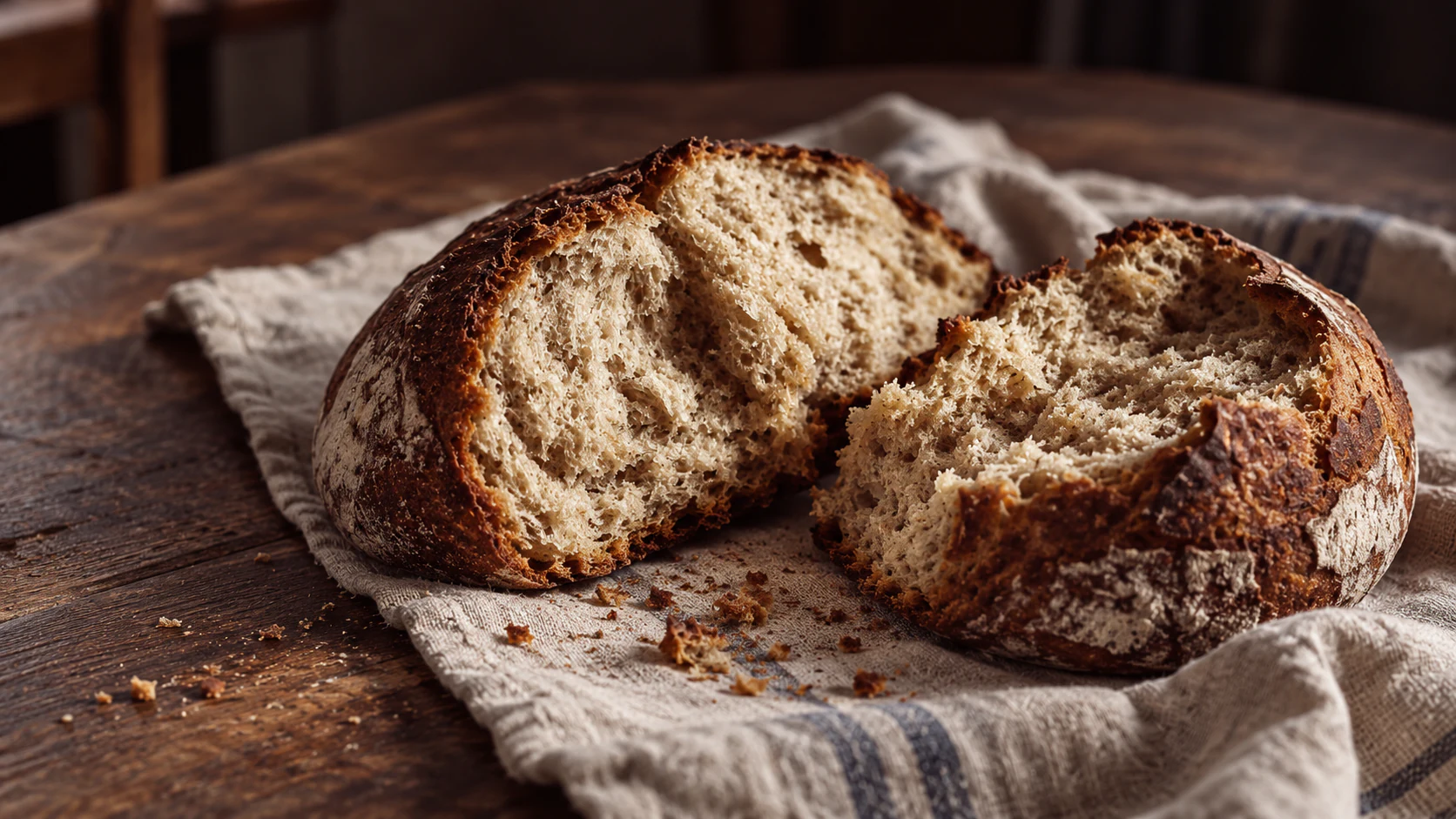 Pain des Amis, cut open to show the irregular crumb beneath its thick, browned crust.